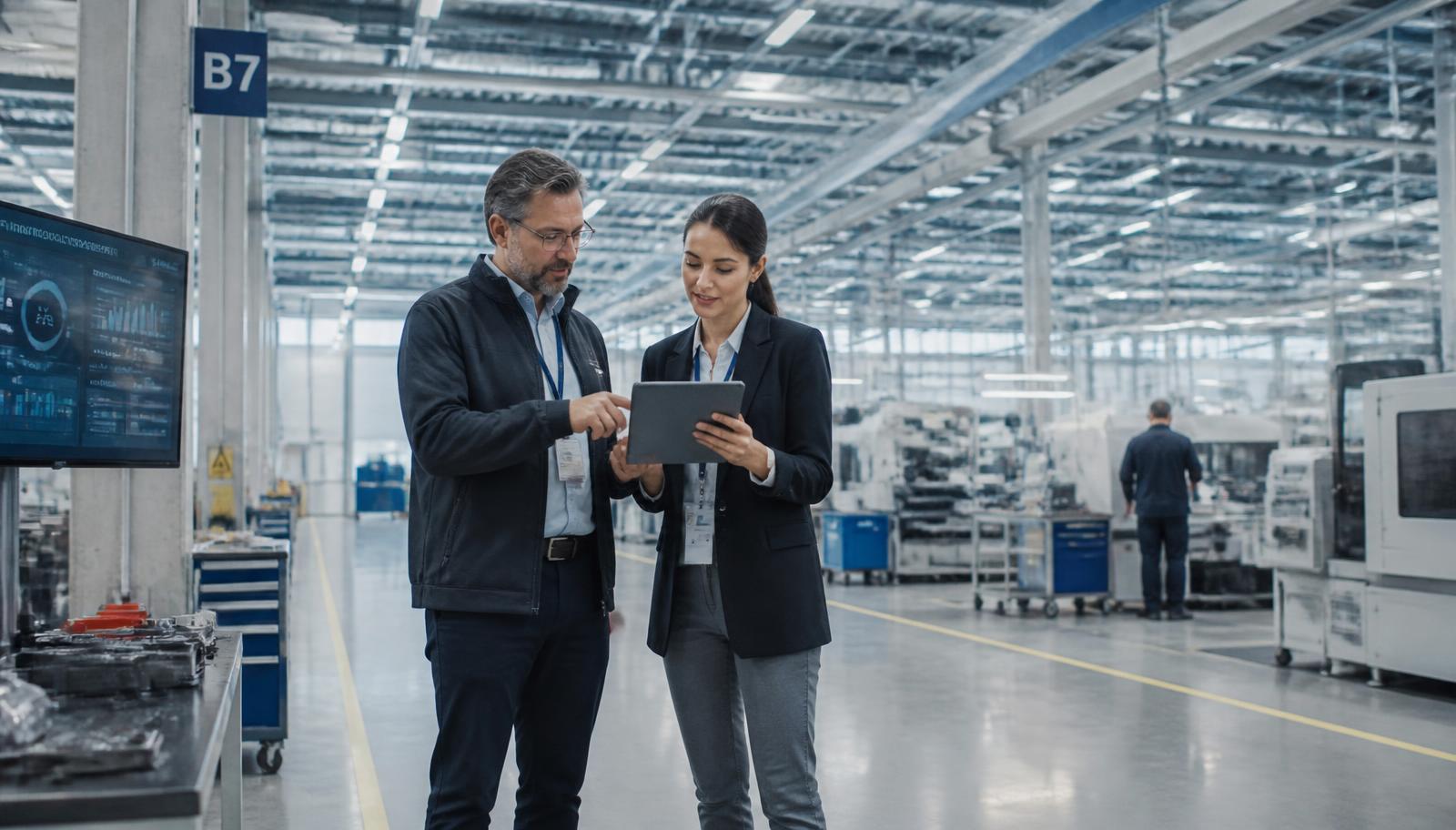 Operations leaders reviewing performance data on a production floor
